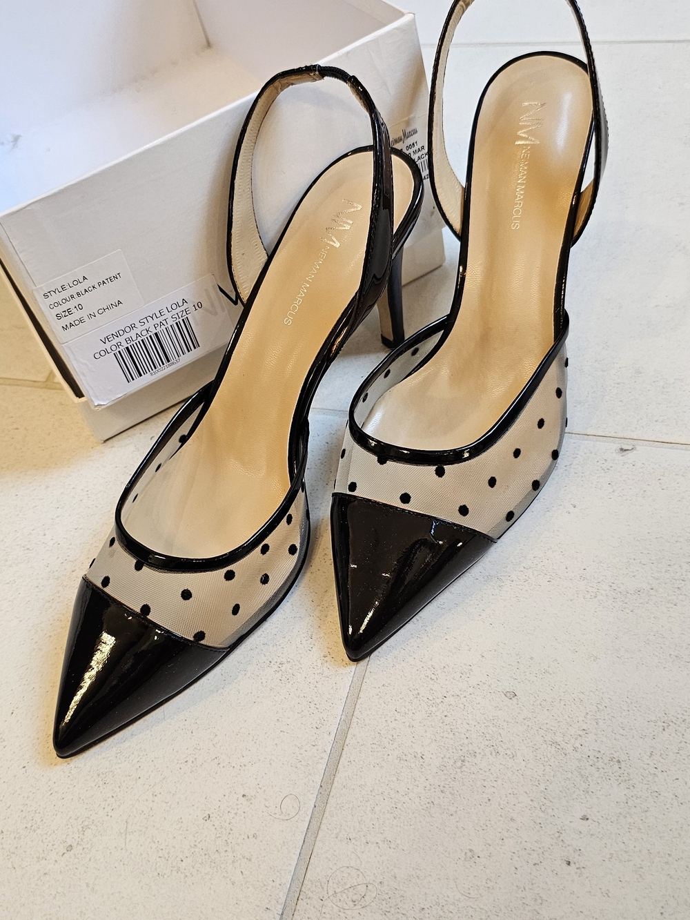 NIB Neiman Marcus Lola Black Patent & Polka Dot Mesh Slingback Heels Size 10